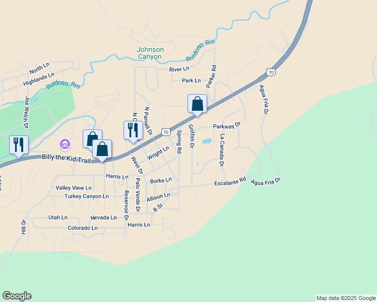 map of restaurants, bars, coffee shops, grocery stores, and more near 202 Grifith Drive in Ruidoso Downs