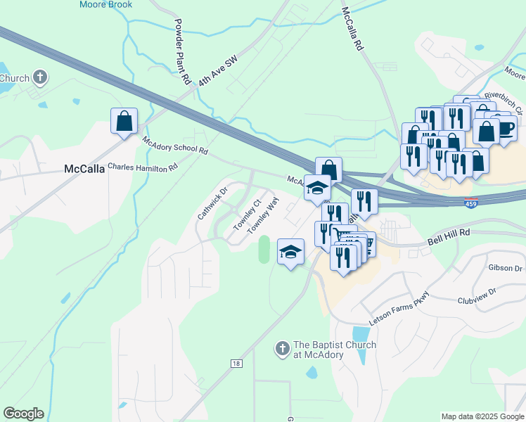 map of restaurants, bars, coffee shops, grocery stores, and more near 6147 Townley Way in McCalla