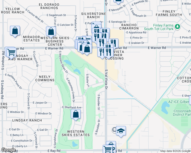 map of restaurants, bars, coffee shops, grocery stores, and more near 1512 East Sunrise Way in Gilbert