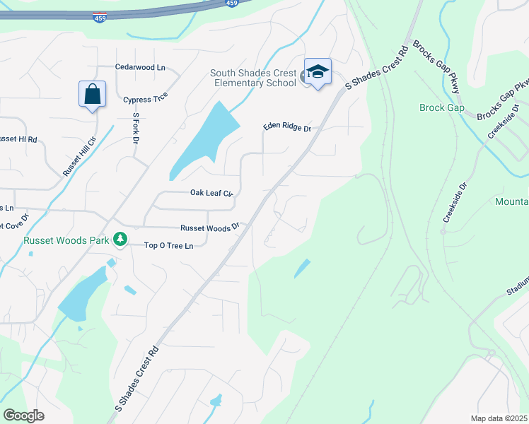map of restaurants, bars, coffee shops, grocery stores, and more near 3857 South Shades Crest Road in Birmingham