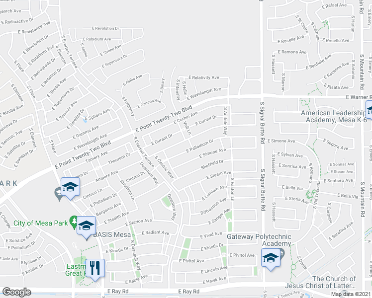 map of restaurants, bars, coffee shops, grocery stores, and more near 10510 East Palladium Drive in Mesa