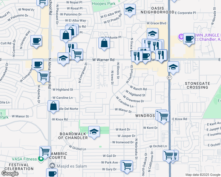 map of restaurants, bars, coffee shops, grocery stores, and more near 1886 North Iowa Street in Chandler