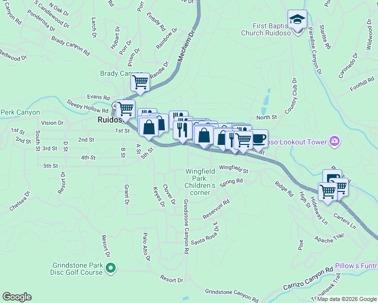 map of restaurants, bars, coffee shops, grocery stores, and more near 198 Grindstone Canyon Rd in Ruidoso