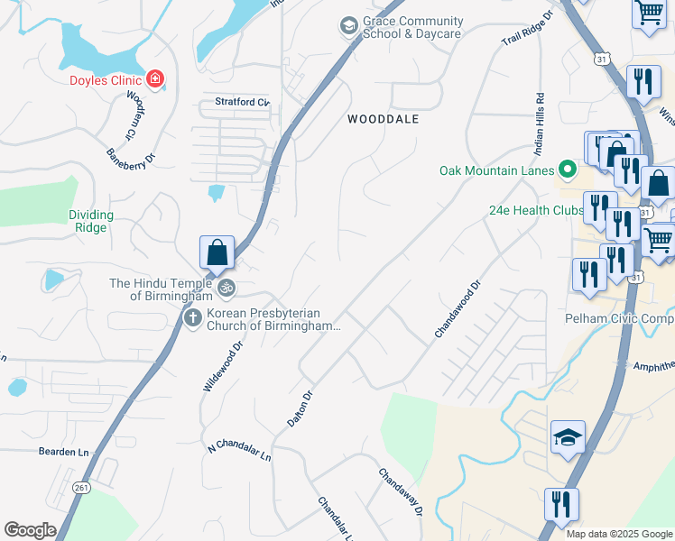 map of restaurants, bars, coffee shops, grocery stores, and more near 4700 Wooddale Lane in Pelham