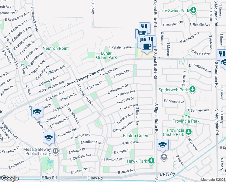 map of restaurants, bars, coffee shops, grocery stores, and more near 10510 East Palladium Drive in Mesa