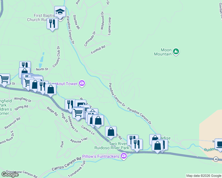map of restaurants, bars, coffee shops, grocery stores, and more near 377 Paradise Canyon Drive in Ruidoso