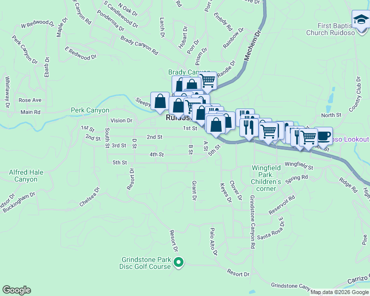 map of restaurants, bars, coffee shops, grocery stores, and more near 207 3rd Street in Ruidoso