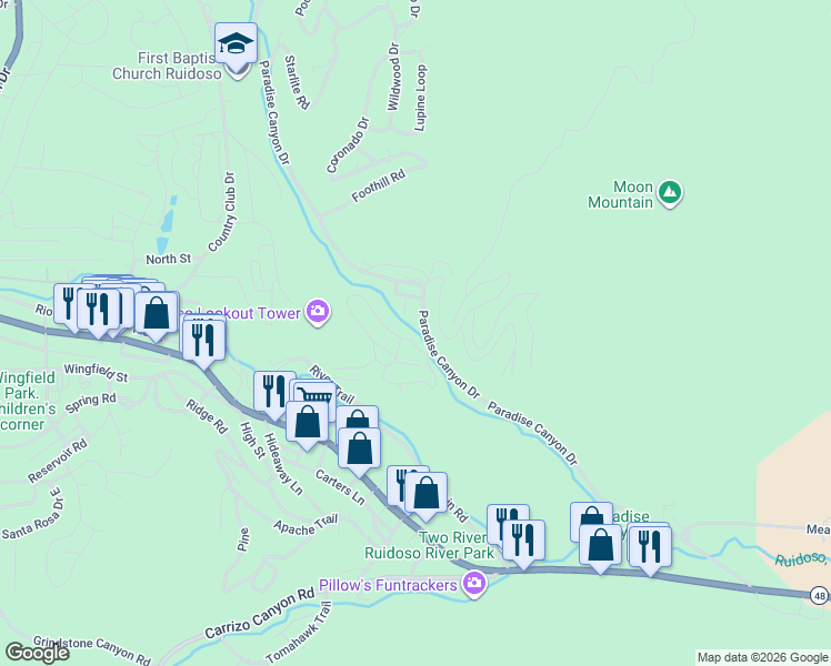 map of restaurants, bars, coffee shops, grocery stores, and more near 315-377 Paradise Canyon Drive in Ruidoso