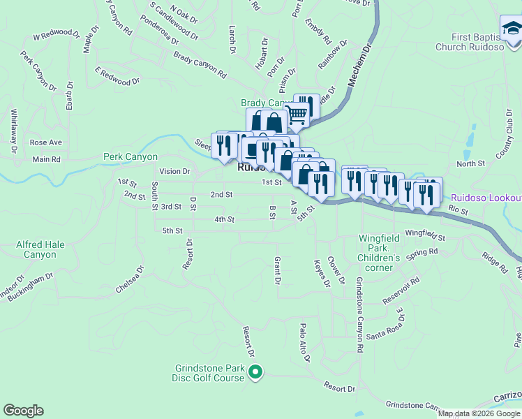 map of restaurants, bars, coffee shops, grocery stores, and more near 207 3rd Street in Ruidoso