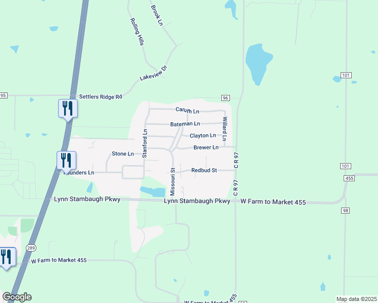 map of restaurants, bars, coffee shops, grocery stores, and more near 1413 Brewer Lane in Celina