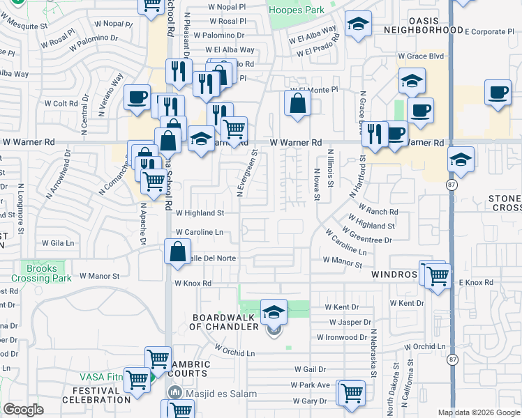 map of restaurants, bars, coffee shops, grocery stores, and more near 711 West Stottler Drive in Chandler