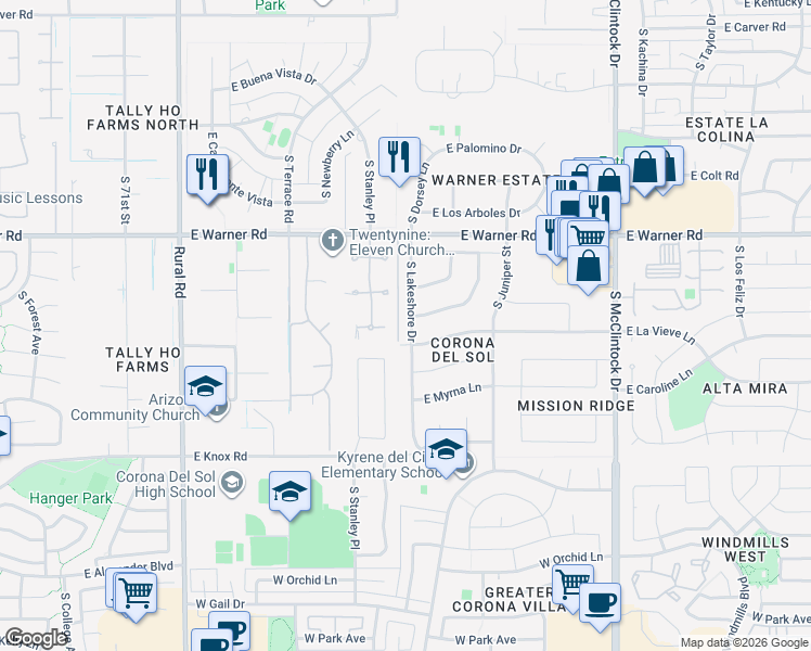 map of restaurants, bars, coffee shops, grocery stores, and more near 9040 South Lakeshore Drive in Tempe