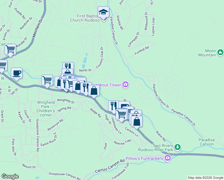 map of restaurants, bars, coffee shops, grocery stores, and more near 100-110 Lookout Drive in Ruidoso