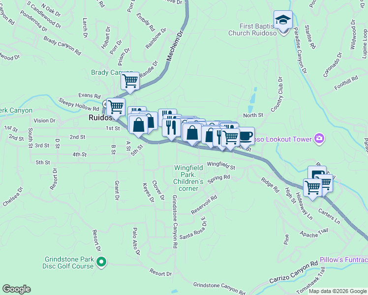 map of restaurants, bars, coffee shops, grocery stores, and more near 146-198 Grindstone Canyon Road in Ruidoso