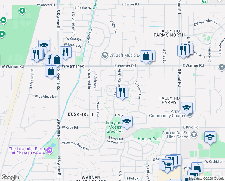map of restaurants, bars, coffee shops, grocery stores, and more near 6 West Greentree Drive in Tempe