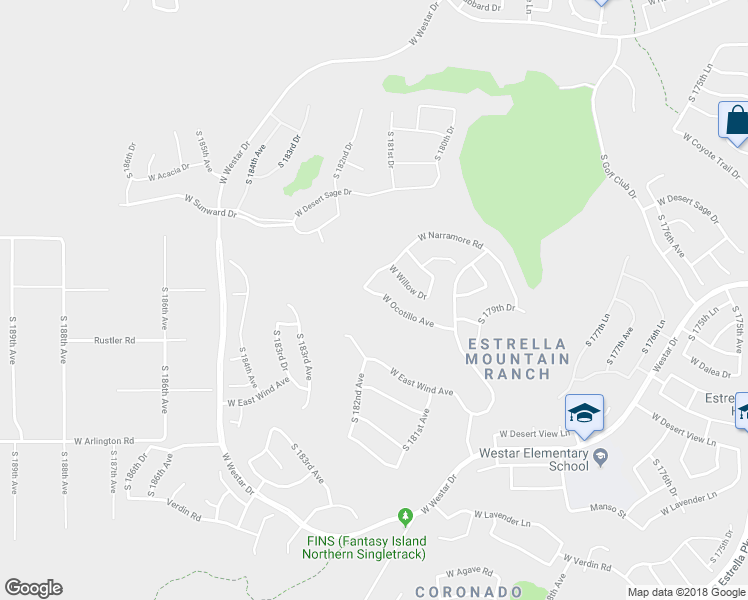 map of restaurants, bars, coffee shops, grocery stores, and more near 18179 West Ocotillo Avenue in Goodyear