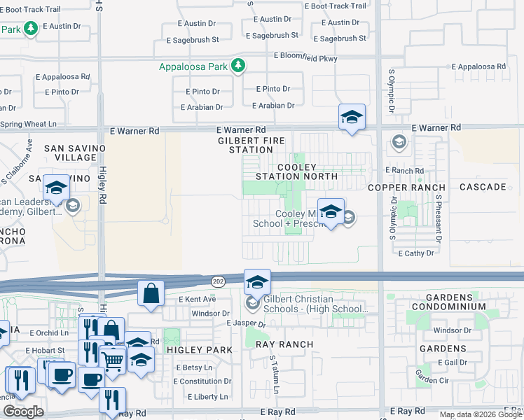 map of restaurants, bars, coffee shops, grocery stores, and more near 1046 South Annie Lane in Gilbert