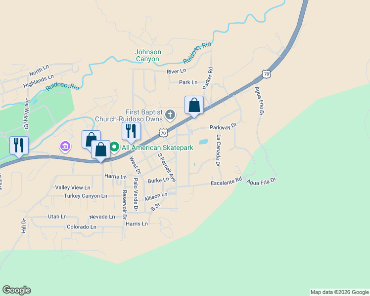 map of restaurants, bars, coffee shops, grocery stores, and more near 202 Grifith Drive in Ruidoso Downs