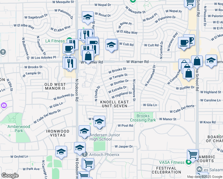 map of restaurants, bars, coffee shops, grocery stores, and more near 1717 West Estrella Drive in Chandler