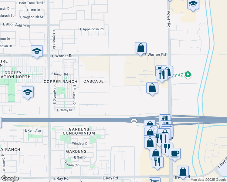 map of restaurants, bars, coffee shops, grocery stores, and more near 4455 East Nunneley Road in Gilbert
