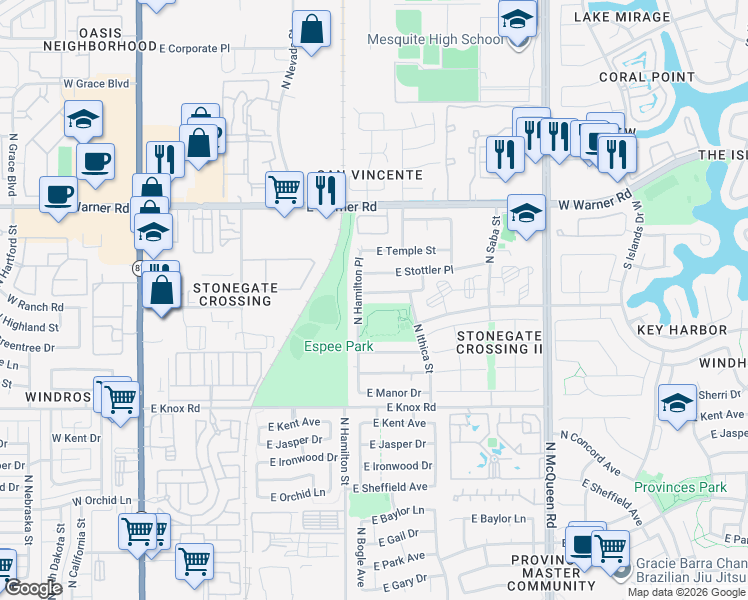 map of restaurants, bars, coffee shops, grocery stores, and more near 677 East Estrella Drive in Chandler