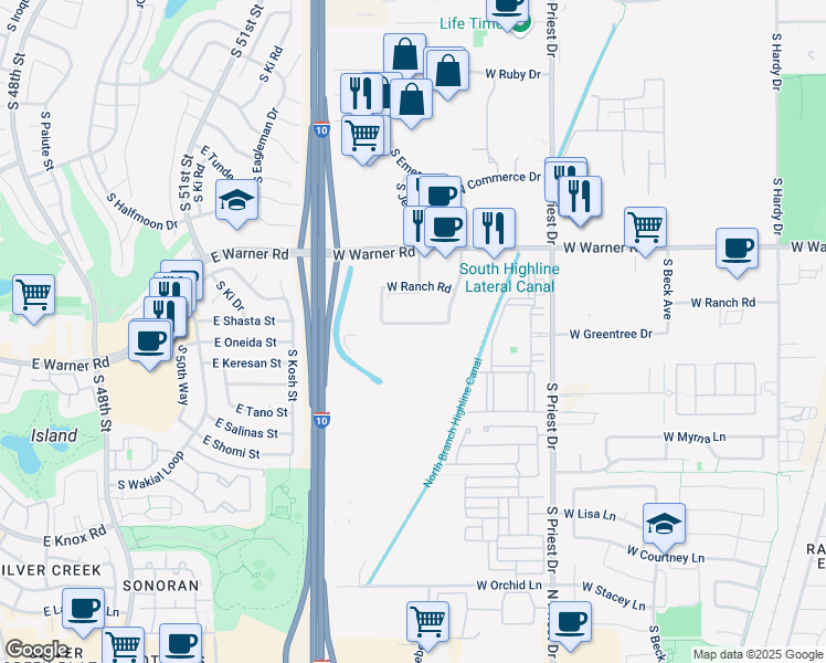 map of restaurants, bars, coffee shops, grocery stores, and more near 1725 West Greentree Drive in Tempe
