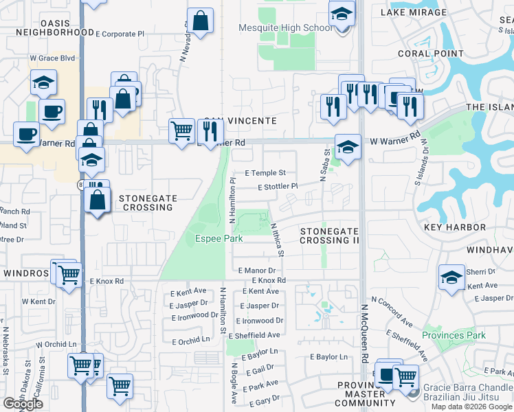 map of restaurants, bars, coffee shops, grocery stores, and more near 677 East Estrella Drive in Chandler