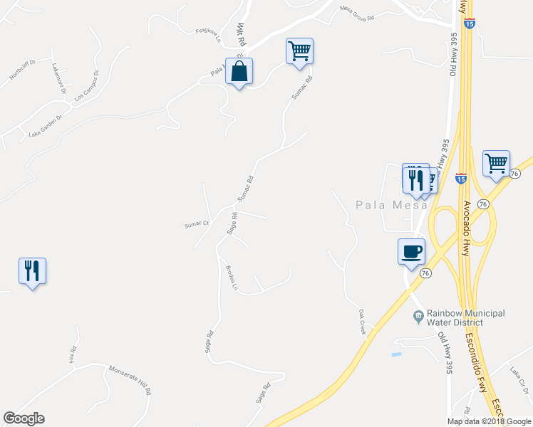 map of restaurants, bars, coffee shops, grocery stores, and more near 3211 Sage Road in Fallbrook