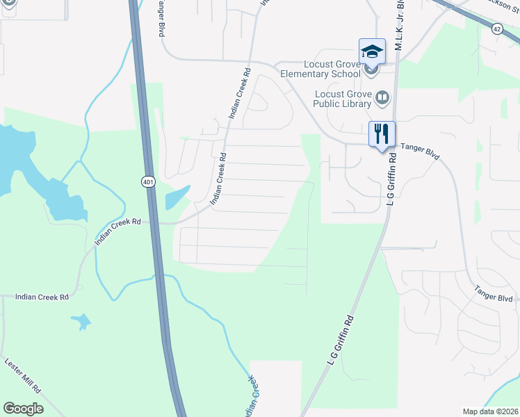 map of restaurants, bars, coffee shops, grocery stores, and more near 425 Paiute Road in Locust Grove