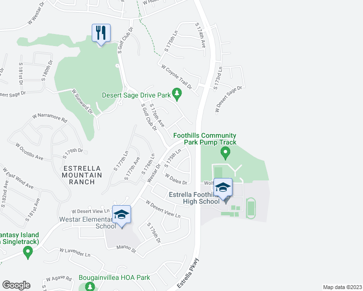 map of restaurants, bars, coffee shops, grocery stores, and more near 12636 South 175th Lane in Goodyear