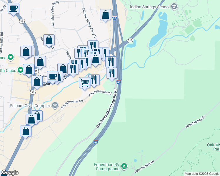 map of restaurants, bars, coffee shops, grocery stores, and more near 101 Bishop Circle in Pelham