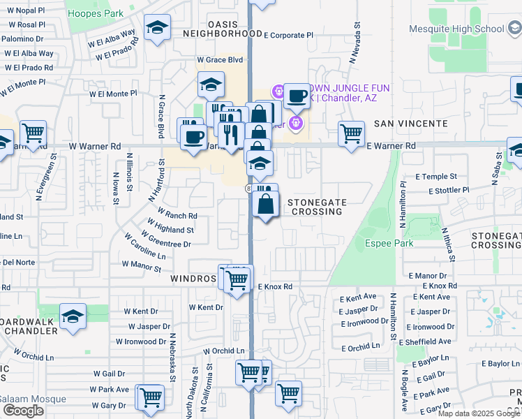 map of restaurants, bars, coffee shops, grocery stores, and more near 1701 North Arizona Avenue in Chandler