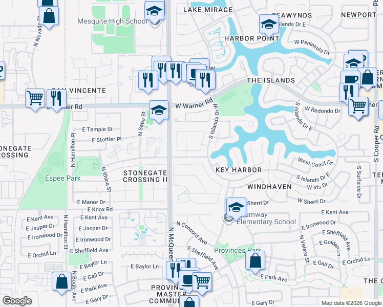 map of restaurants, bars, coffee shops, grocery stores, and more near 1502 West Devon Drive in Gilbert