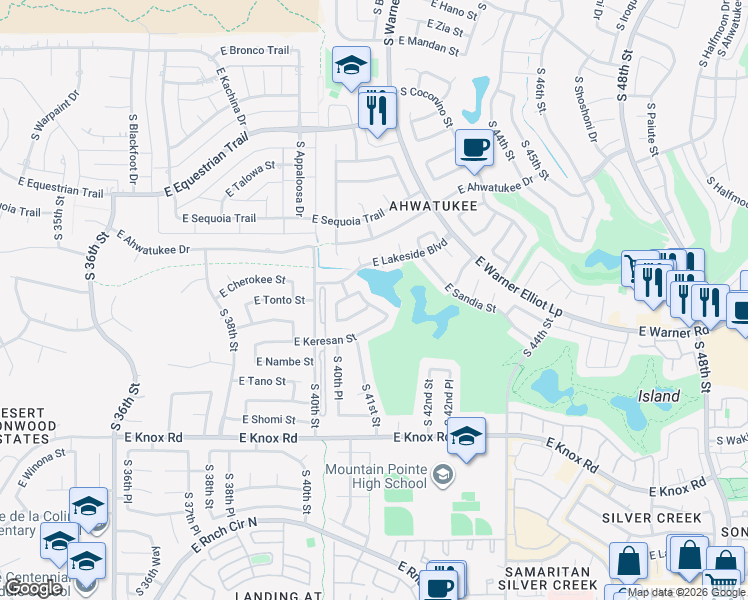 map of restaurants, bars, coffee shops, grocery stores, and more near 4140 East Keresan Street in Phoenix