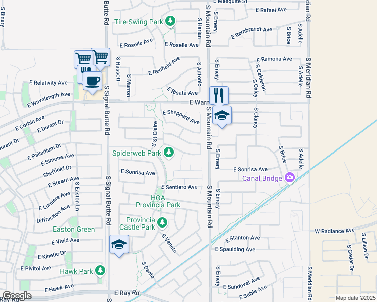 map of restaurants, bars, coffee shops, grocery stores, and more near 11141 East Segura Avenue in Mesa