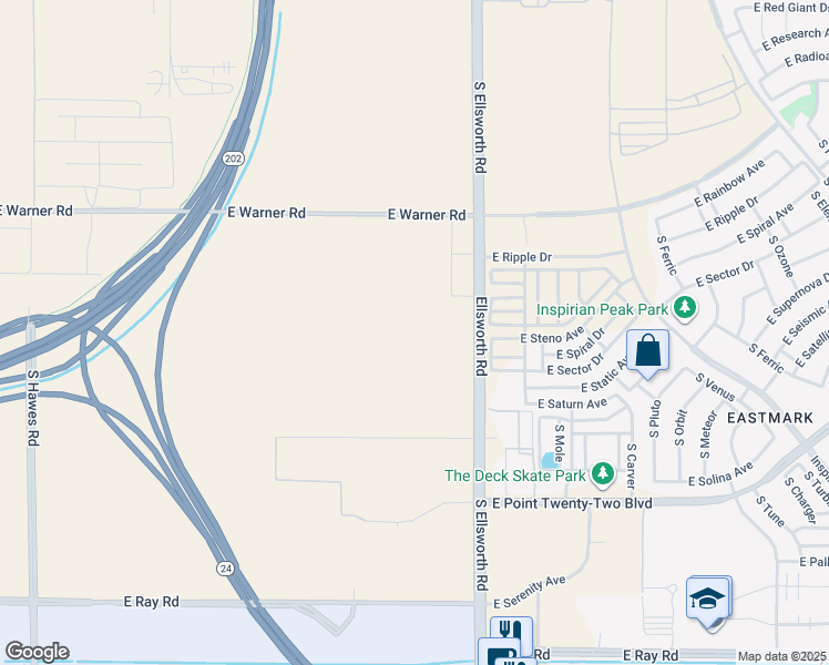 map of restaurants, bars, coffee shops, grocery stores, and more near 9063 East Warner Road in Mesa