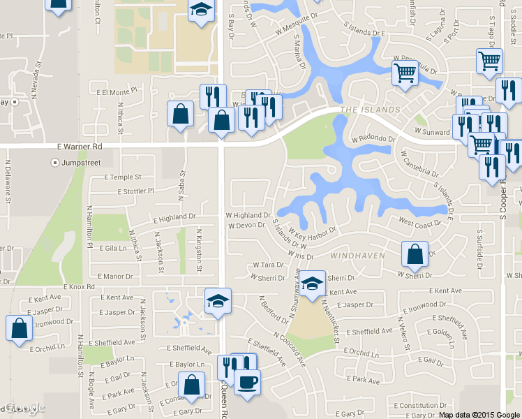 map of restaurants, bars, coffee shops, grocery stores, and more near 1502 West Devon Drive in Gilbert