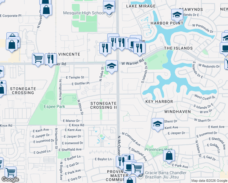 map of restaurants, bars, coffee shops, grocery stores, and more near 962 East Rockwell Drive in Chandler