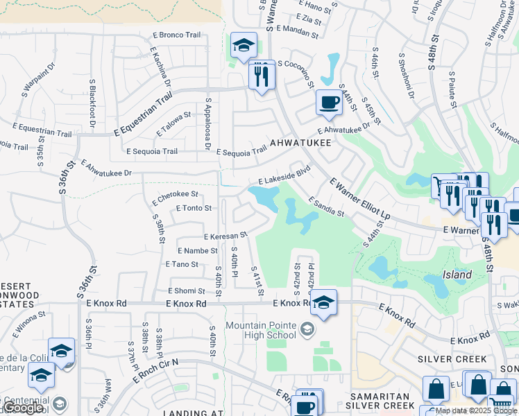 map of restaurants, bars, coffee shops, grocery stores, and more near 4140 East Keresan Street in Phoenix