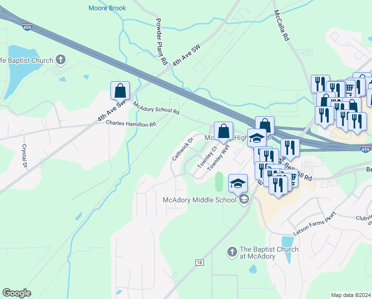 map of restaurants, bars, coffee shops, grocery stores, and more near 6108 Cathwick Drive in McCalla