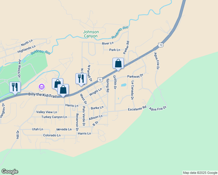 map of restaurants, bars, coffee shops, grocery stores, and more near 202 Grifith Drive in Ruidoso Downs