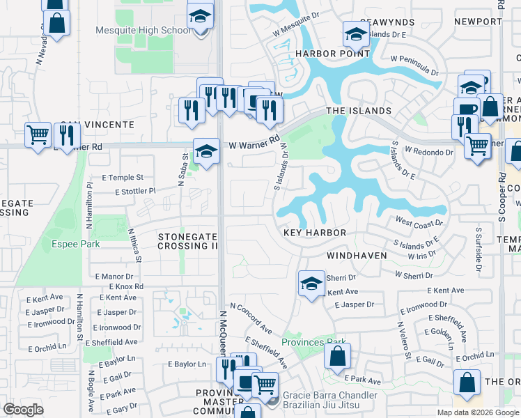 map of restaurants, bars, coffee shops, grocery stores, and more near 1502 West Devon Drive in Gilbert