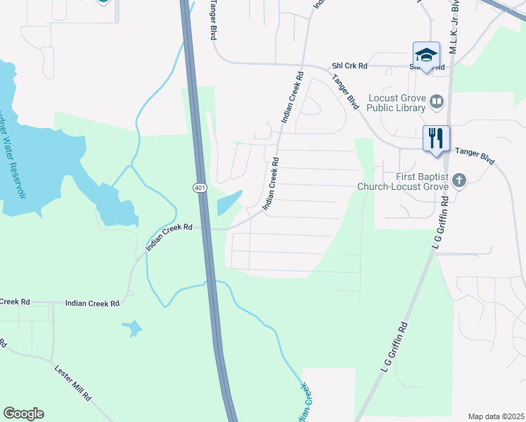 map of restaurants, bars, coffee shops, grocery stores, and more near 400 Paiute Road in Locust Grove
