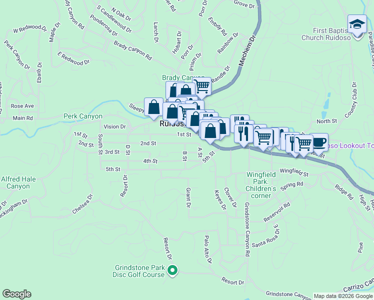 map of restaurants, bars, coffee shops, grocery stores, and more near 106 4th Street in Ruidoso