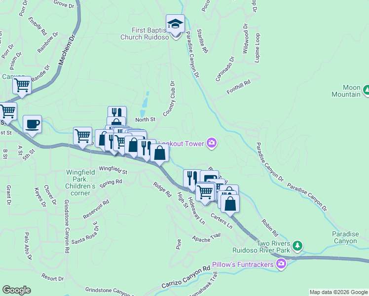 map of restaurants, bars, coffee shops, grocery stores, and more near 100-110 Lookout Drive in Ruidoso
