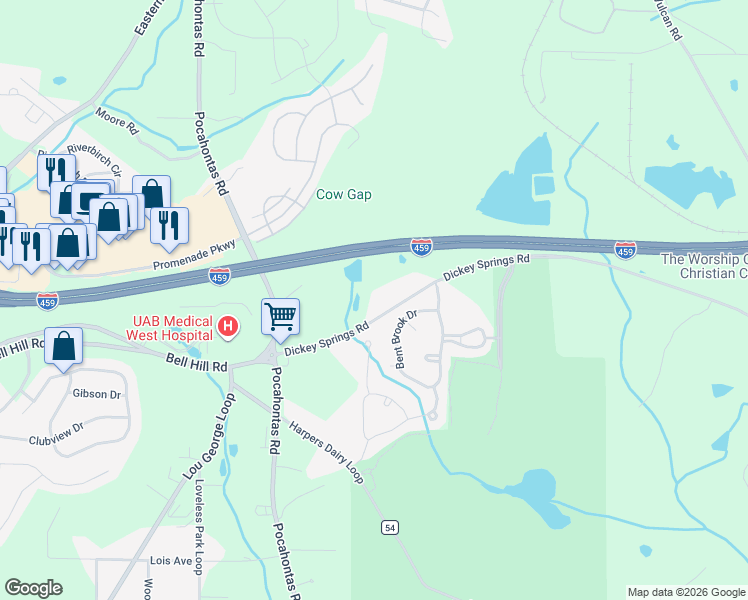 map of restaurants, bars, coffee shops, grocery stores, and more near 6244 Bent Brook Drive in Bessemer