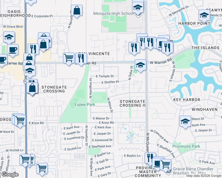 map of restaurants, bars, coffee shops, grocery stores, and more near 188 East Highland Drive in Chandler