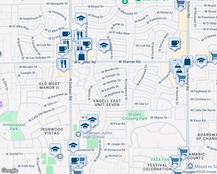 map of restaurants, bars, coffee shops, grocery stores, and more near 1717 West Estrella Drive in Chandler
