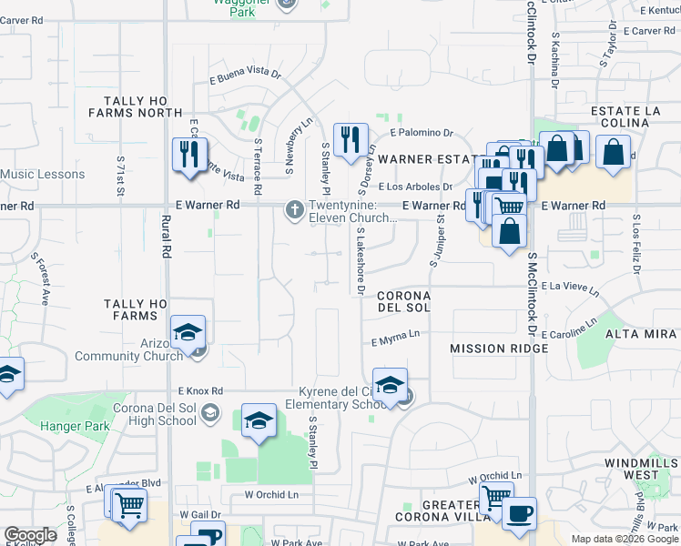 map of restaurants, bars, coffee shops, grocery stores, and more near 9040 South Lakeshore Drive in Tempe