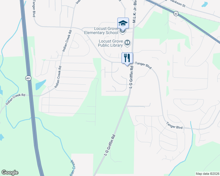 map of restaurants, bars, coffee shops, grocery stores, and more near 1255 Saint Francis Court in Locust Grove